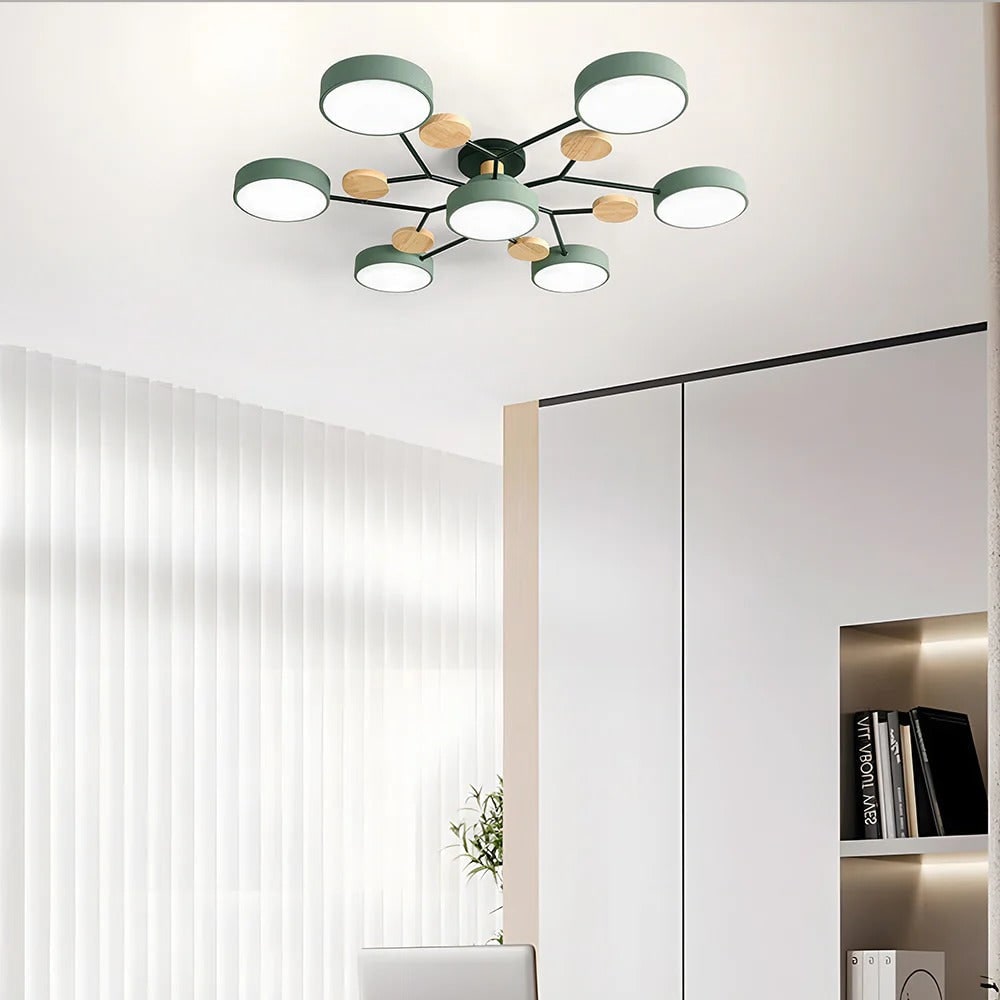 Modern plafondarmatuur met houten accenten en halfverzonken montage - ontwerp met meerdere armen en zachte diffuse gloed