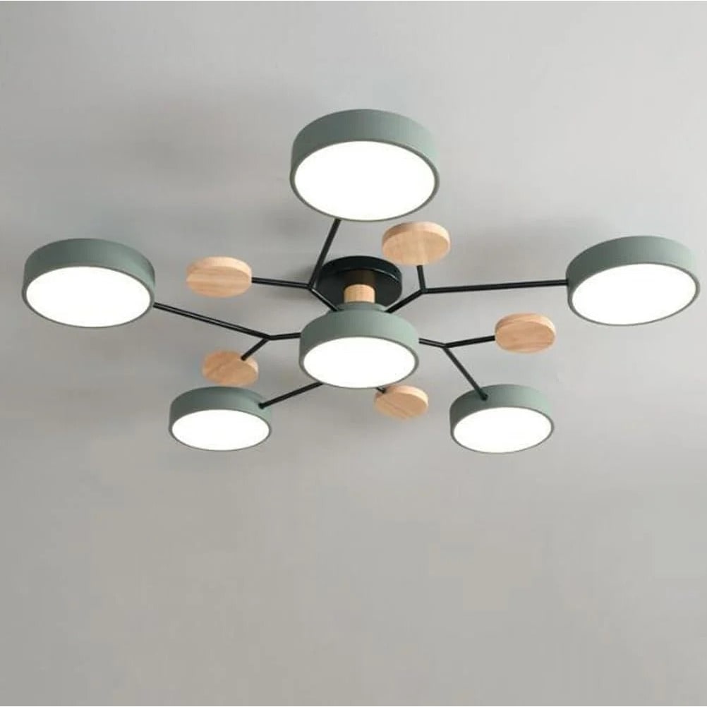 Modern plafondarmatuur met houten accenten en halfverzonken montage - ontwerp met meerdere armen en zachte diffuse gloed