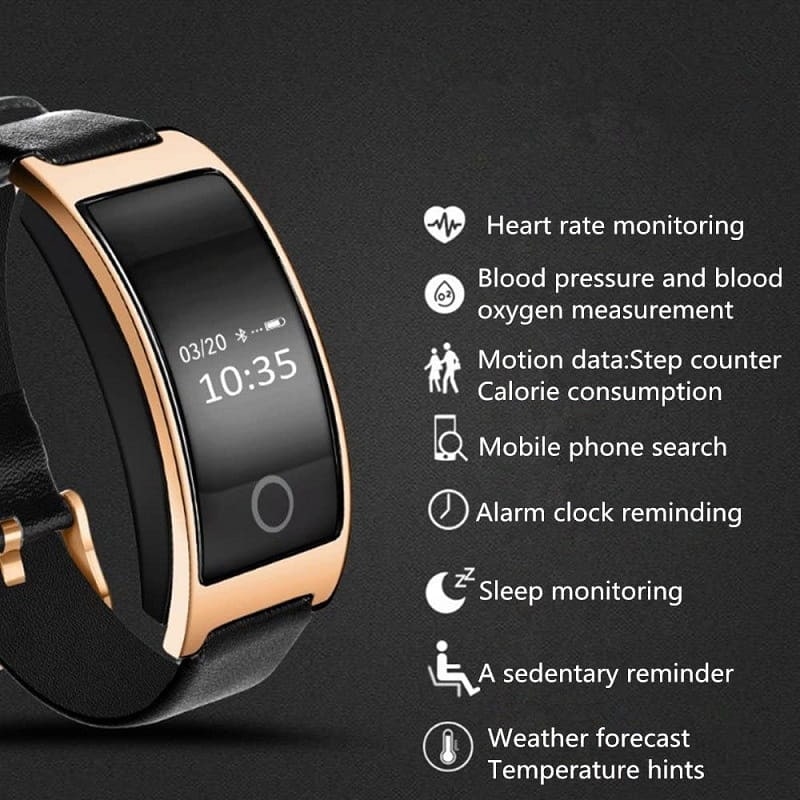 Smartwatch de couro impermeável, ecrã OLED curvo, monitorização do ritmo cardíaco e monitor de atividade física