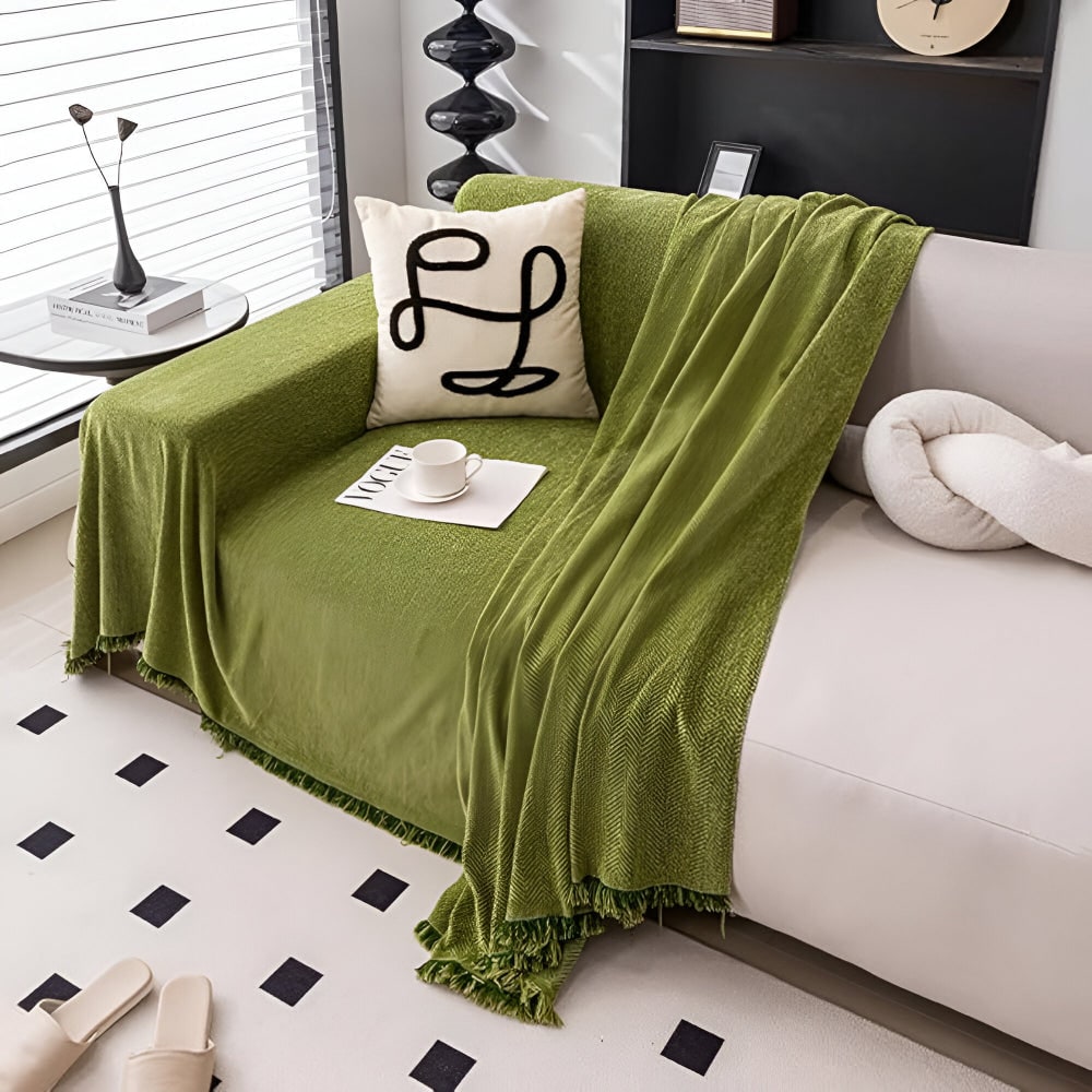 Woven Herringbone Sofa Throw Blanket Cover — Fringed Tassel Edges