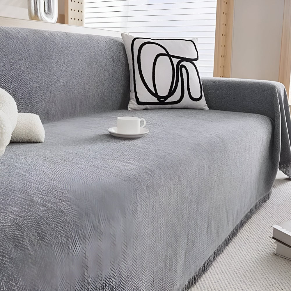 Woven Herringbone Sofa Throw Blanket Cover — Fringed Tassel Edges
