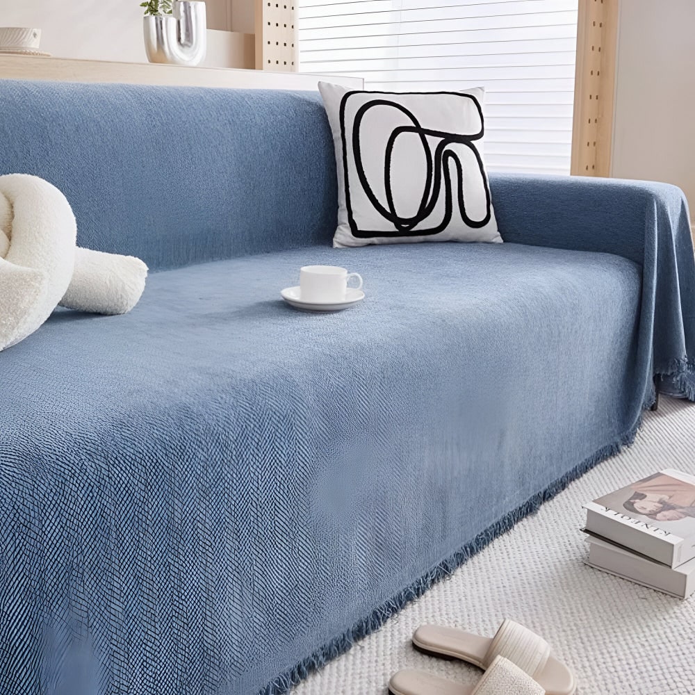 Woven Herringbone Sofa Throw Blanket Cover — Fringed Tassel Edges