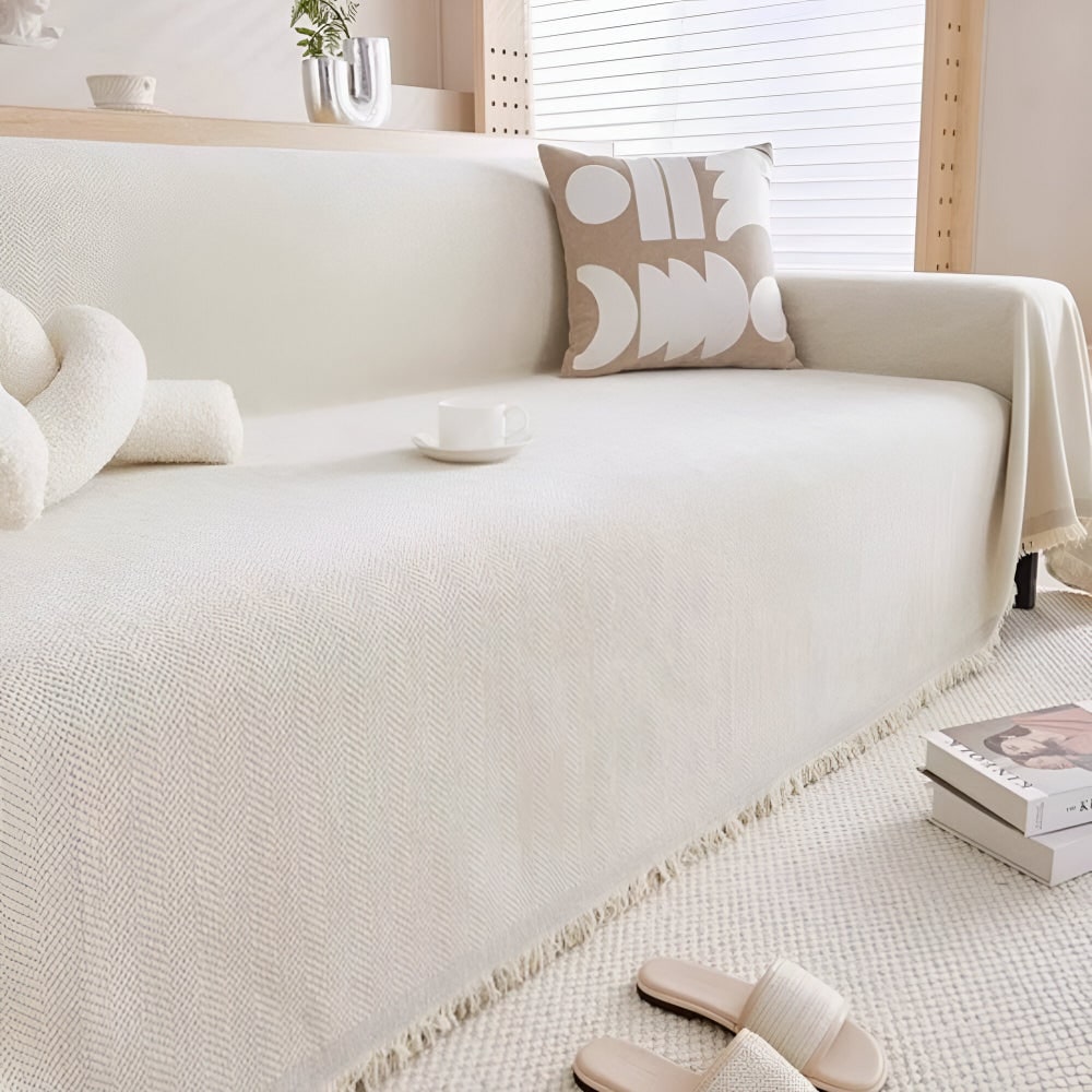 Woven Herringbone Sofa Throw Blanket Cover — Fringed Tassel Edges