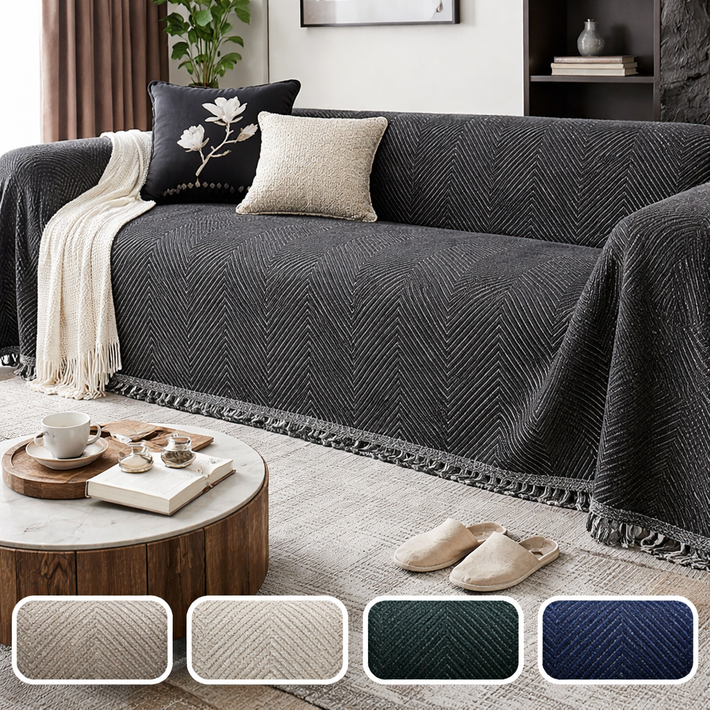Woven Herringbone Throw Blanket — Textured Decorative Fringed Tassels