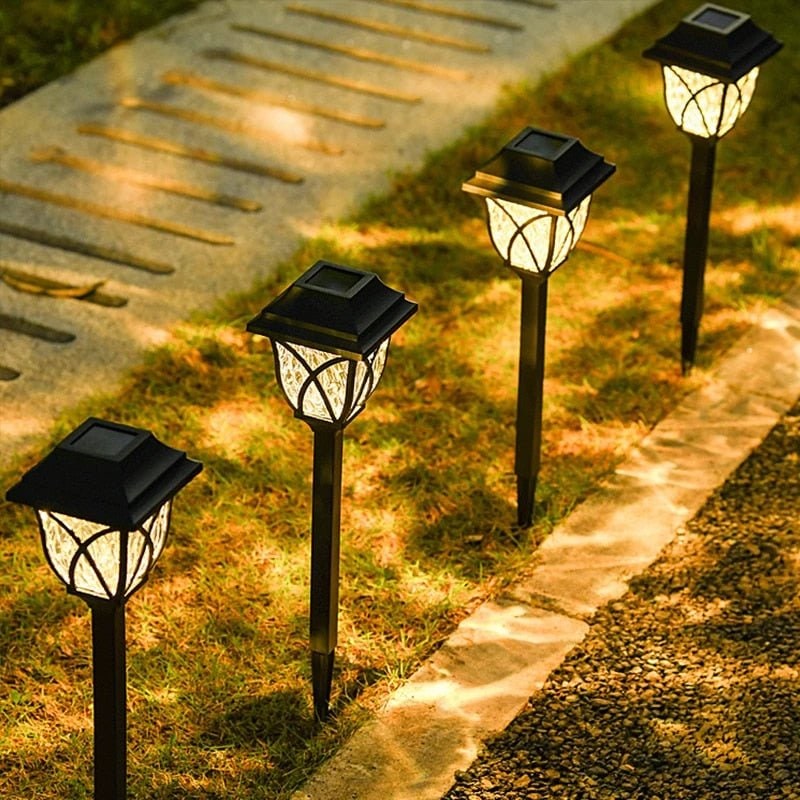 Solar Pathway Lamps - Crackle Glass Lens, Integrated Panel Stake
