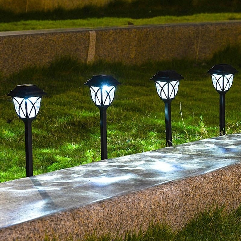 Solar Pathway Lamps - Crackle Glass Lens, Integrated Panel Stake