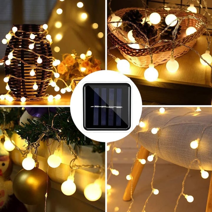 Solar LED Globe String Lights Frosted Bulbs Automatic Dusk To Dawn Activation