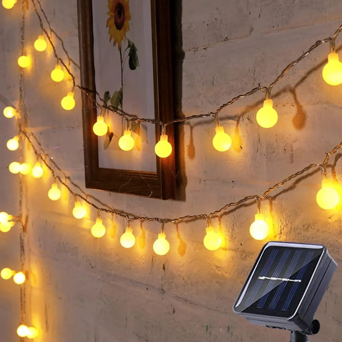 Solar LED Globe String Lights Frosted Bulbs Automatic Dusk To Dawn Activation