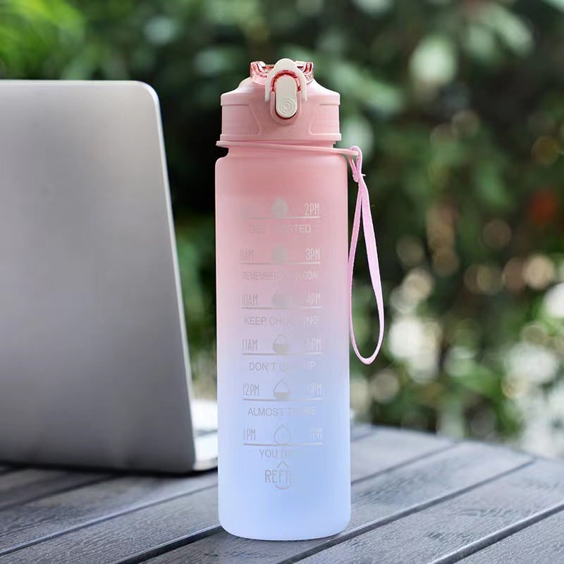 Frosted Sports Water Bottle - Motivational Time Markings, Push Button Flip Top