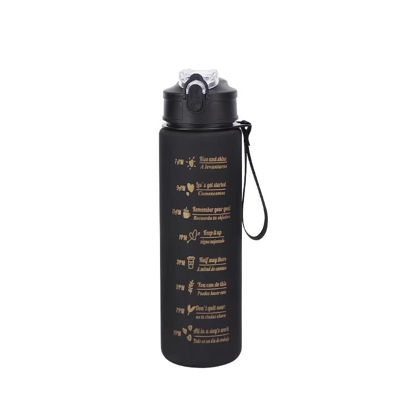 Frosted Sports Water Bottle - Motivational Time Markings, Push Button Flip Top