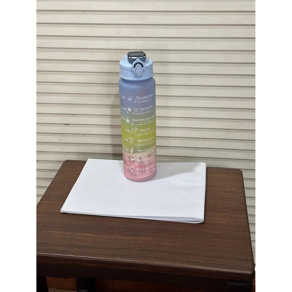 Frosted Sports Water Bottle - Motivational Time Markings, Push Button Flip Top