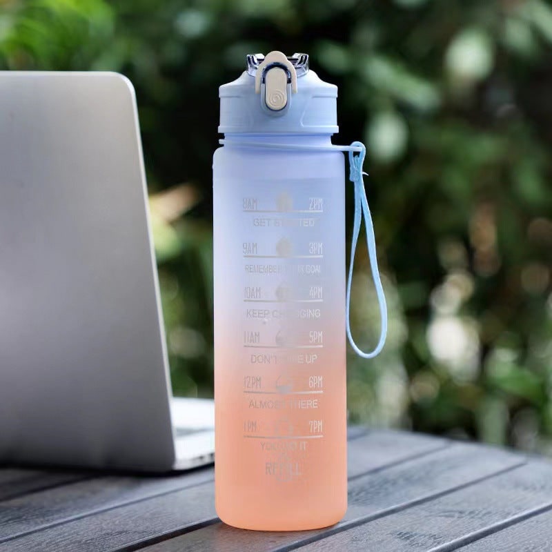 Frosted Sports Water Bottle - Motivational Time Markings, Push Button Flip Top