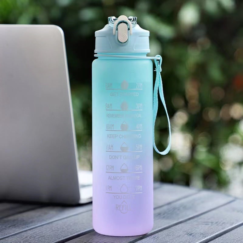 Frosted Sports Water Bottle - Motivational Time Markings, Push Button Flip Top