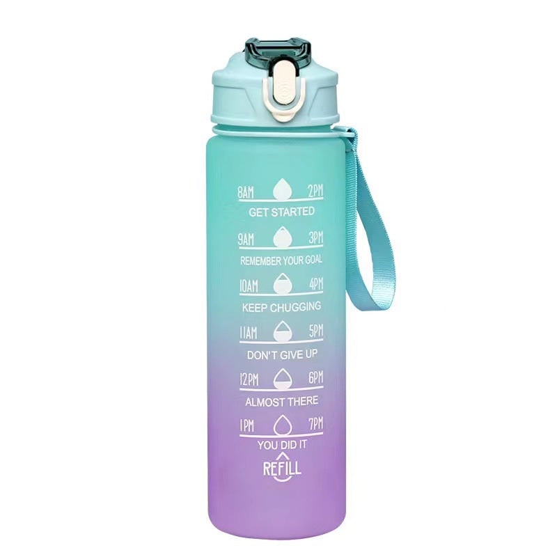Frosted Sports Water Bottle - Motivational Time Markings, Push Button Flip Top