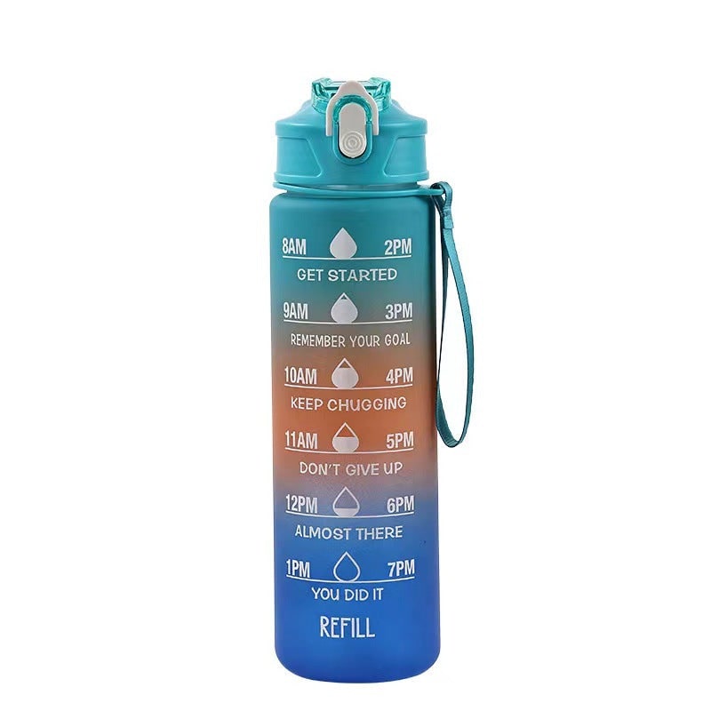 Frosted Sports Water Bottle - Motivational Time Markings, Push Button Flip Top