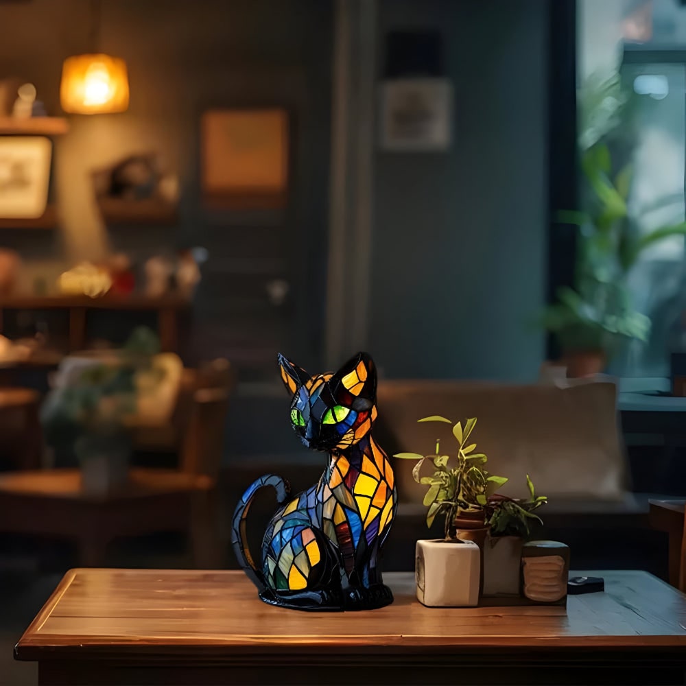 Stained Glass Cat Table Lamp, Colorful Mosaic Pattern, Soft Warm Glow