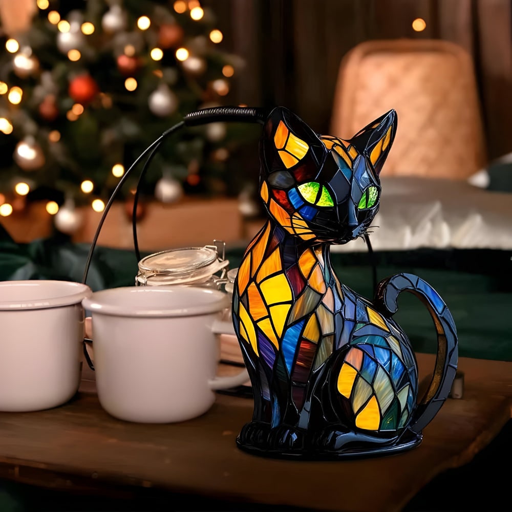 Bordslampa i färgat glas med kattmotiv, färgglatt mosaikmönster, mjukt varmt sken
