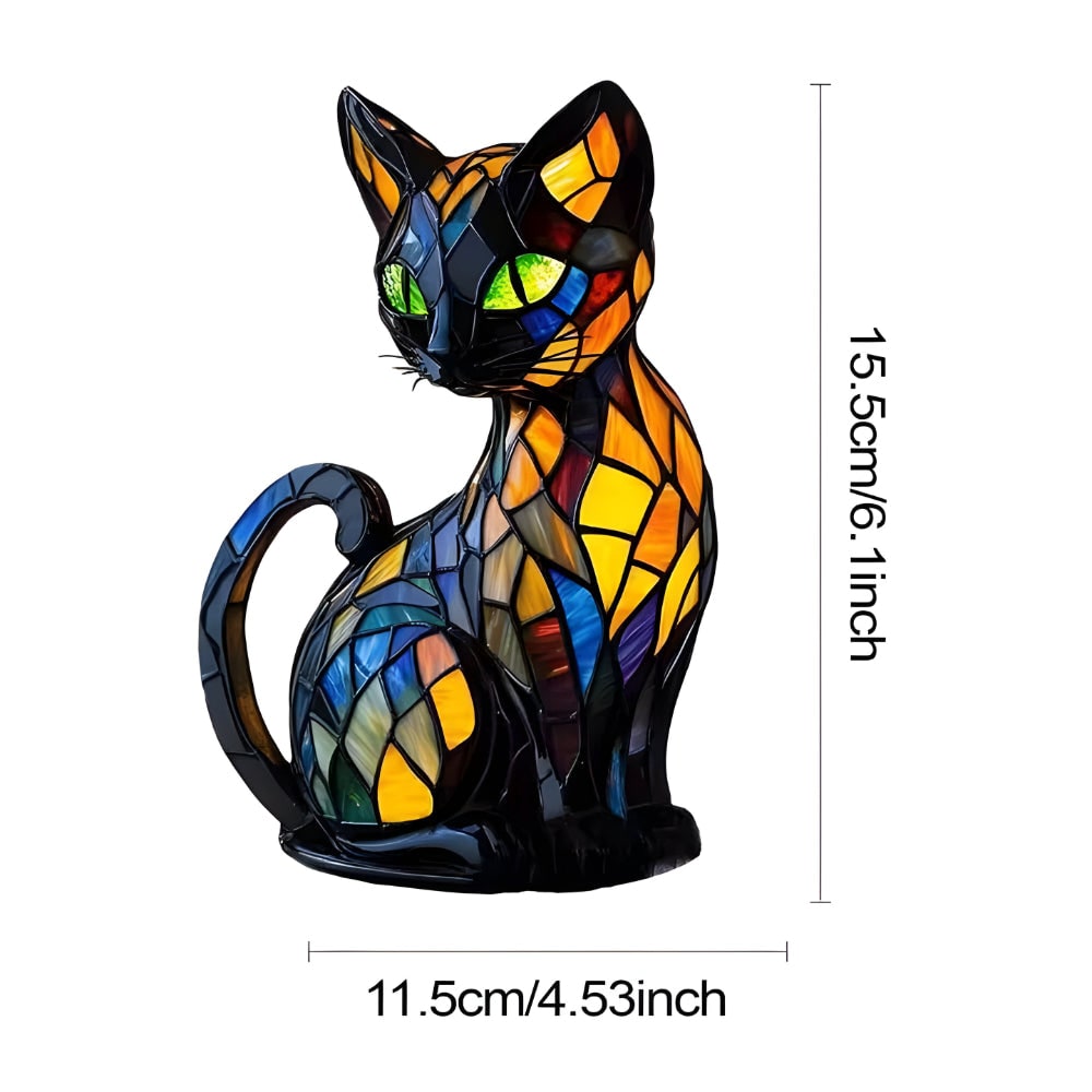 Bordslampa i färgat glas med kattmotiv, färgglatt mosaikmönster, mjukt varmt sken