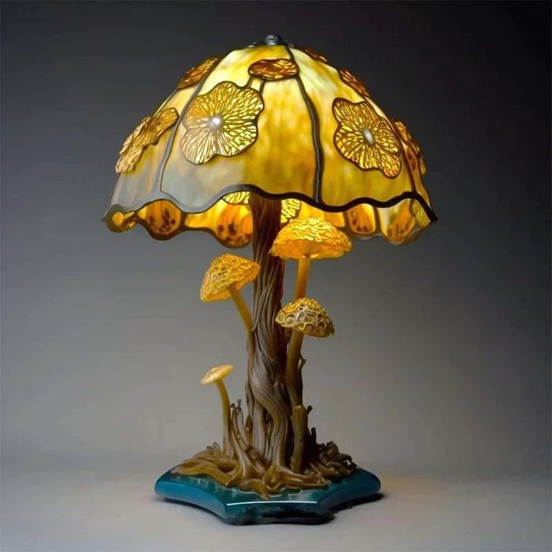 Stained Glass Table Lamp, Decorative Green Resin Shade, Warm LED Light