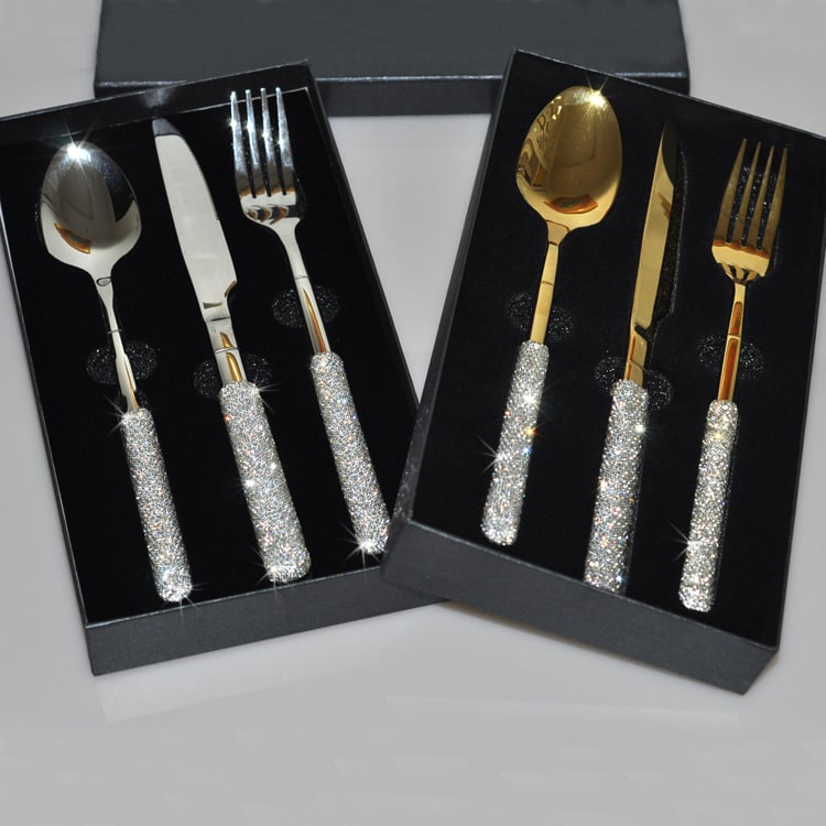 Set di posate in acciaio inossidabile 18/10, manici decorati con strass, servizio per 12 persone