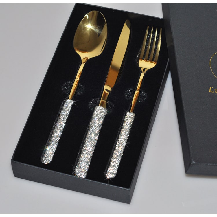 Set di posate in acciaio inossidabile 18/10, manici decorati con strass, servizio per 12 persone