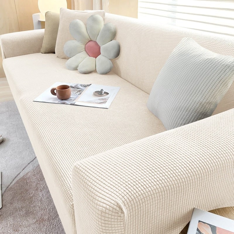 Elastic Cotton Waffle Knit Sofa Cover Sized For Three Seater Couches