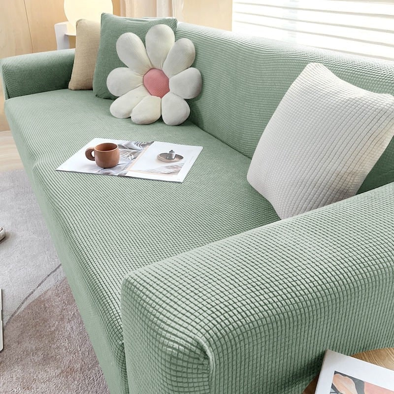 Elastic Cotton Waffle Knit Sofa Cover Sized For Three Seater Couches