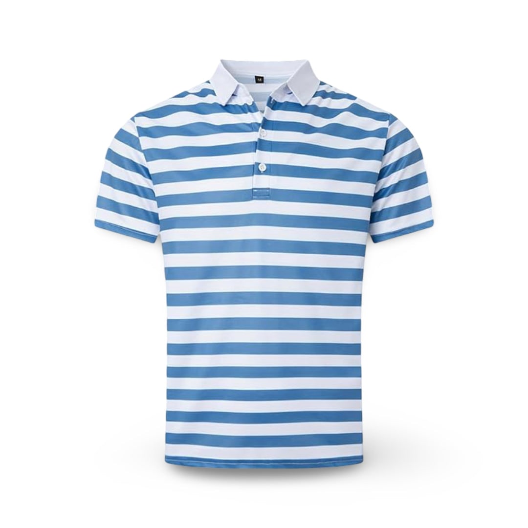 Polo masculino de manga curta às riscas, corte regular, gola com botões