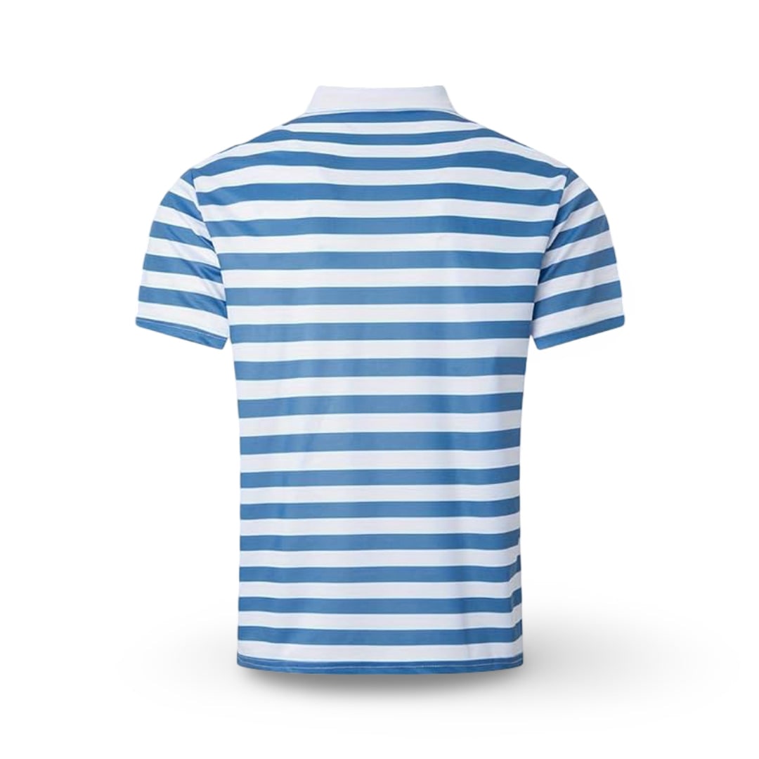 Polo masculino de manga curta às riscas, corte regular, gola com botões