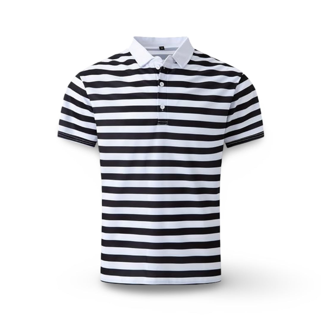 Polo masculino de manga curta às riscas, corte regular, gola com botões