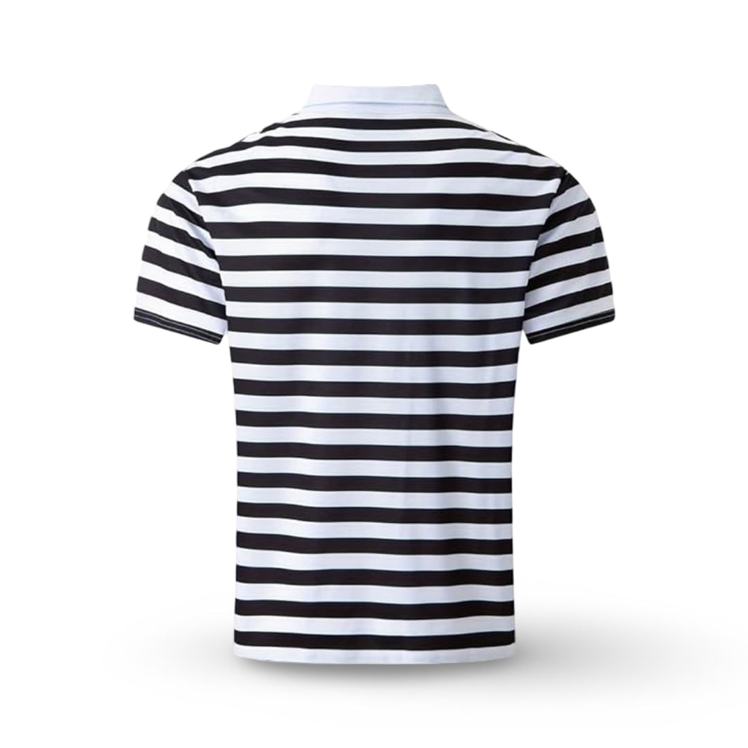 Polo masculino de manga curta às riscas, corte regular, gola com botões