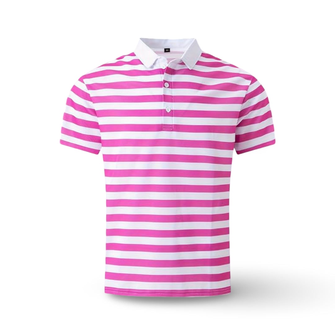 Polo masculino de manga curta às riscas, corte regular, gola com botões