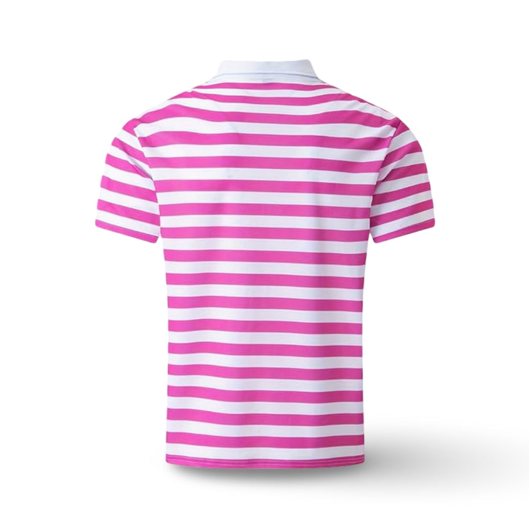 Polo masculino de manga curta às riscas, corte regular, gola com botões