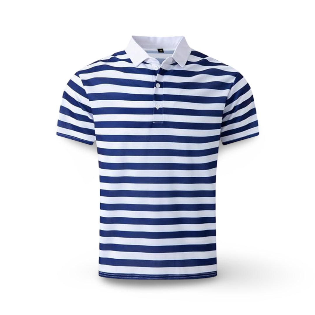 Polo masculino de manga curta às riscas, corte regular, gola com botões