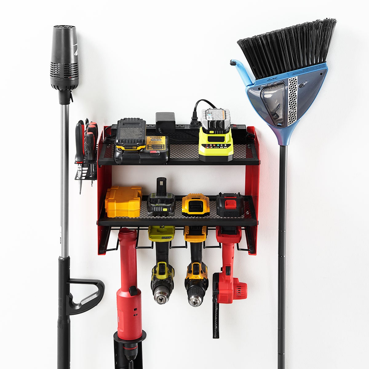 Surge Protected Eight Outlet Power Strip Wall Mounted Metal Tool Organizer Rack