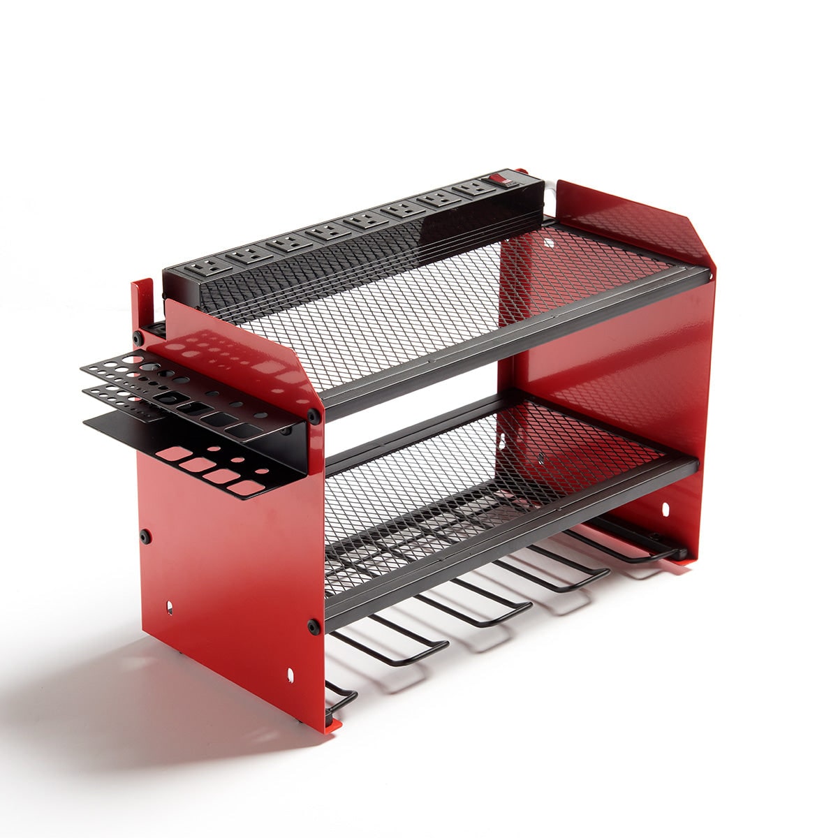 Surge Protected Eight Outlet Power Strip Wall Mounted Metal Tool Organizer Rack