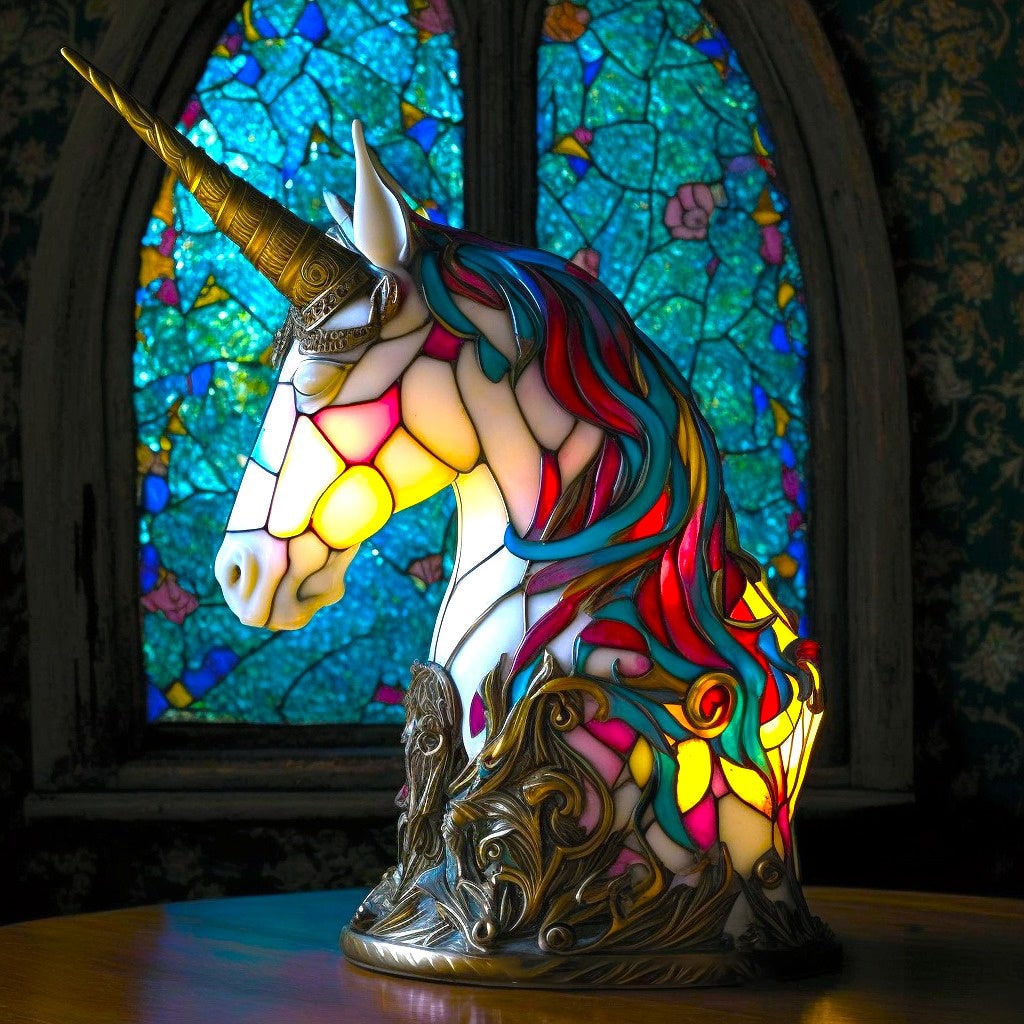 Håndlavet Tiffany-bordlampe i farvet glas med dekorative mosaikdetaljer med dyr