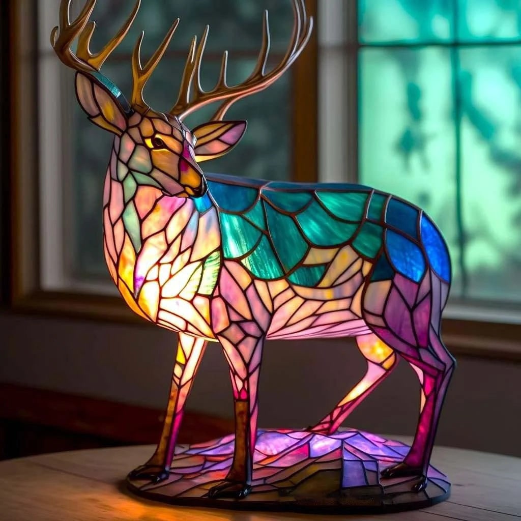 Håndlavet Tiffany-bordlampe i farvet glas med dekorative mosaikdetaljer med dyr