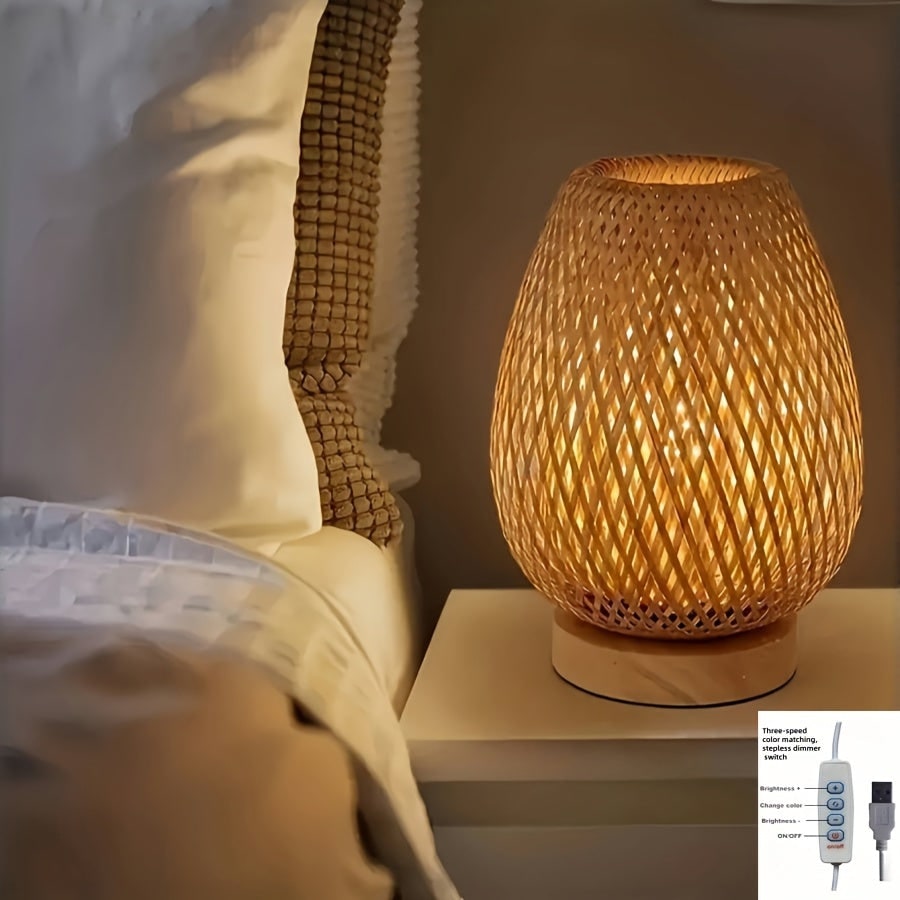 Bambuszfonatú asztali lámpa, USB-tápellátással és beépített fényerő-szabályozóval