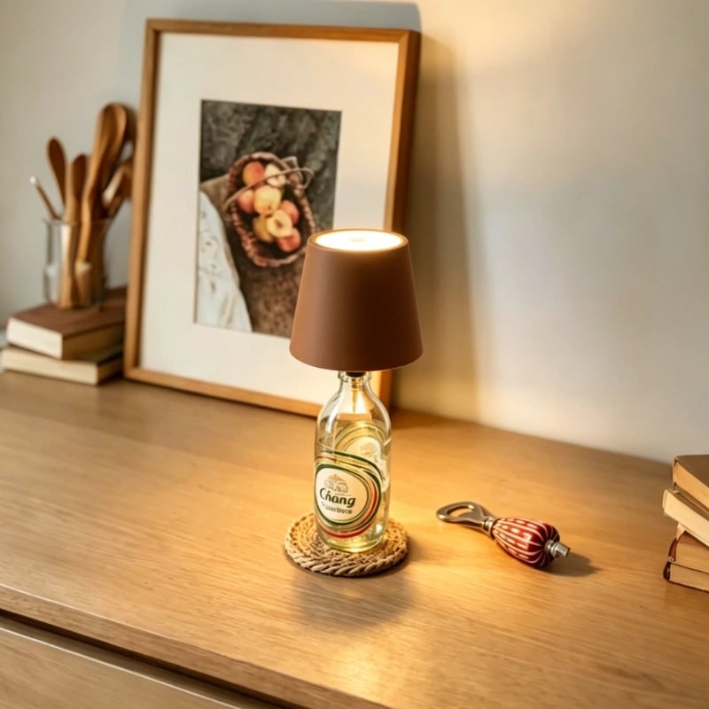 Bezprzewodowa, ładowana lampa metalowa LED w kształcie butelki, nastrojowe oświetlenie stołu