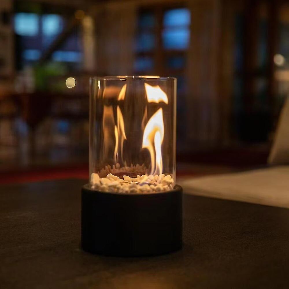 Portable Tabletop Bioethanol Fire Pit, Glass Cylinder Body, Loose Pebbles