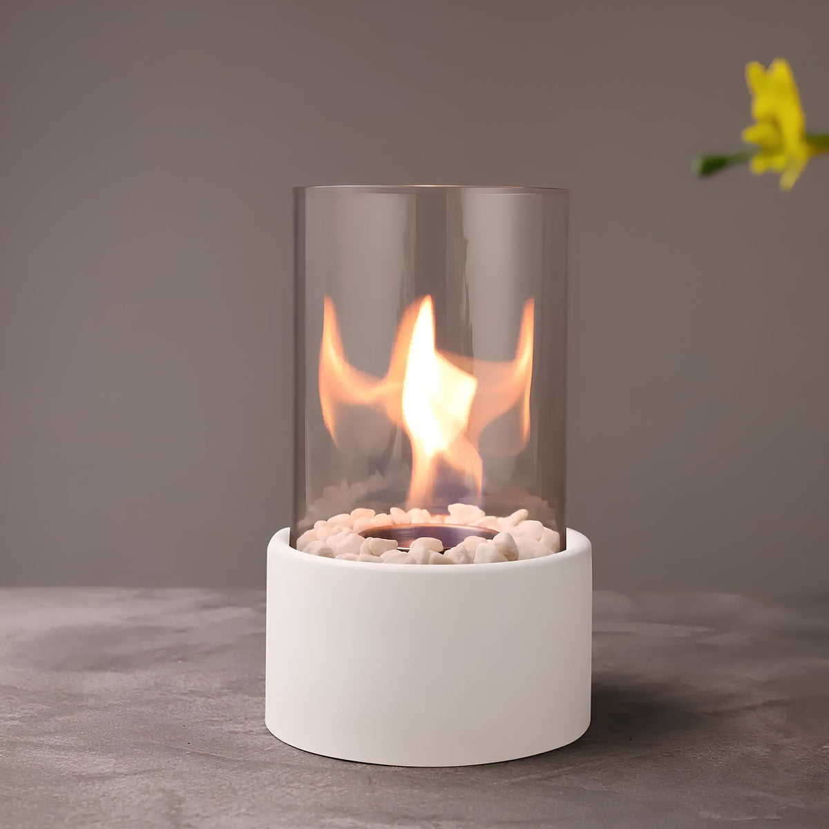 Portable Tabletop Bioethanol Fire Pit, Glass Cylinder Body, Loose Pebbles