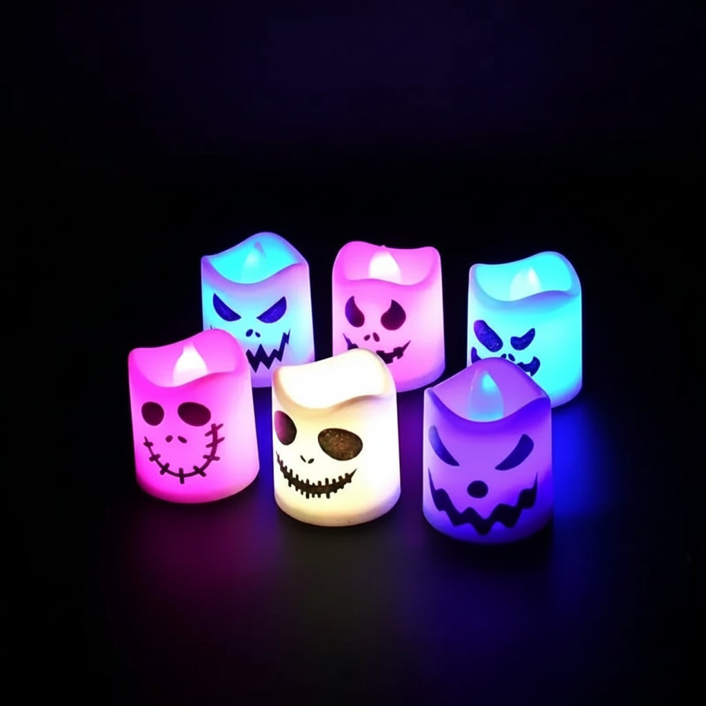 Six Pack Battery Operated LED Tea Lights — Shifting Color Palette And Spooky Face Designs