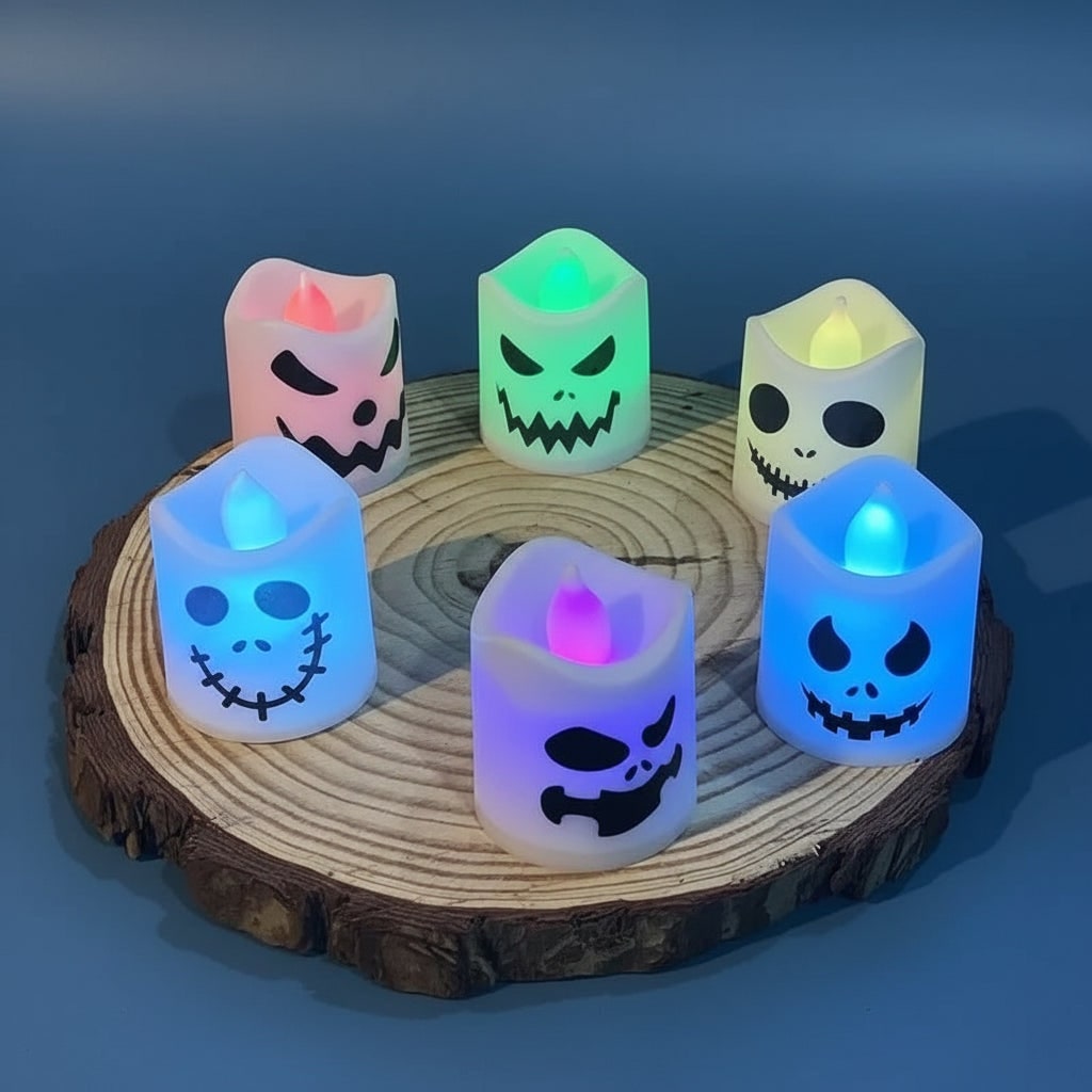 Six Pack Battery Operated LED Tea Lights — Shifting Color Palette And Spooky Face Designs
