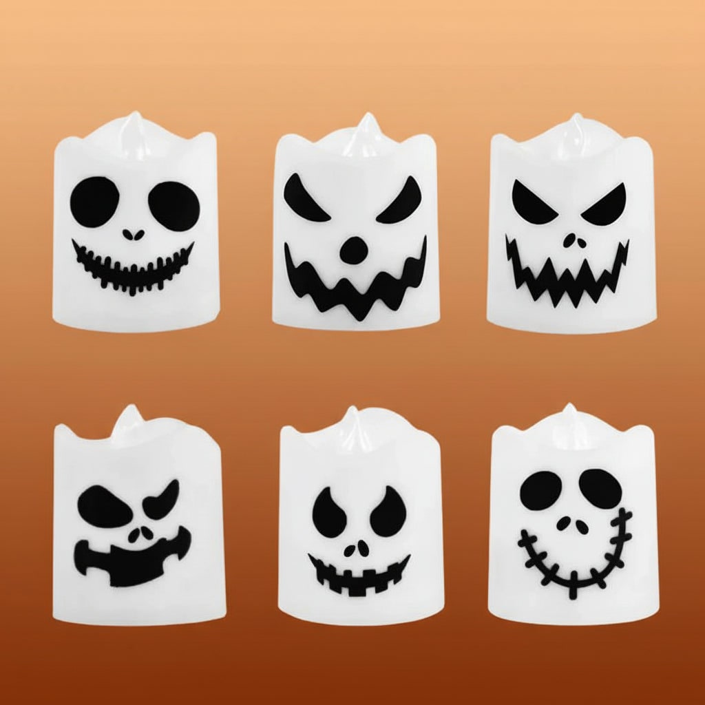 Six Pack Battery Operated LED Tea Lights — Shifting Color Palette And Spooky Face Designs