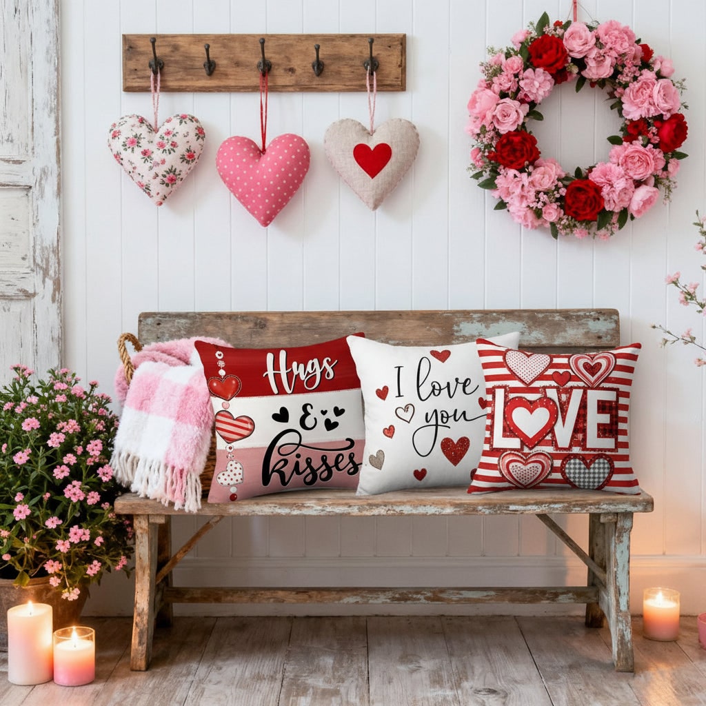 Decorative Square Throw Pillow Covers Valentine Heart Print Set Four