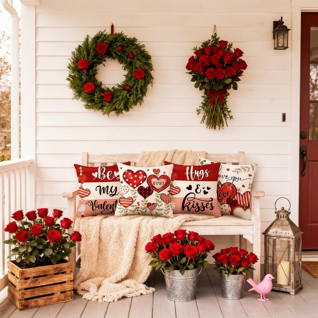Decorative Square Throw Pillow Covers Valentine Heart Print Set Four