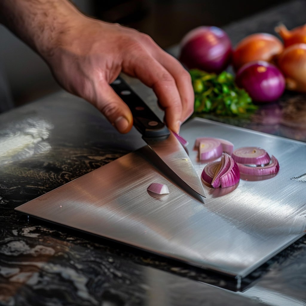 Titanium Stainless Steel Cutting Board — Antibacterial, Knife Safe, Rounded Handle