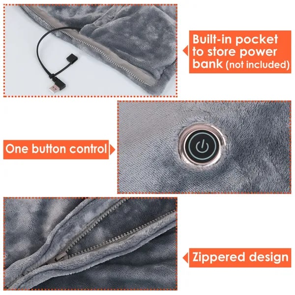 USB vyhřívaná nositelná deka-šála — osm vyhřívacích zón, měkký fleece, zip, 59 X 31 palců