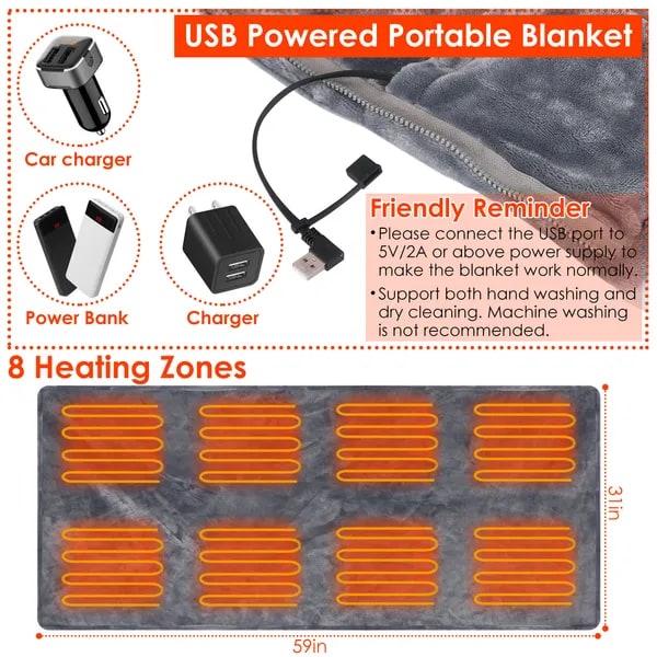 USB Heated Wearable Blanket Shawl — Eight Heating Zones, Soft Fleece, Zipper, 59 X 31 Inches